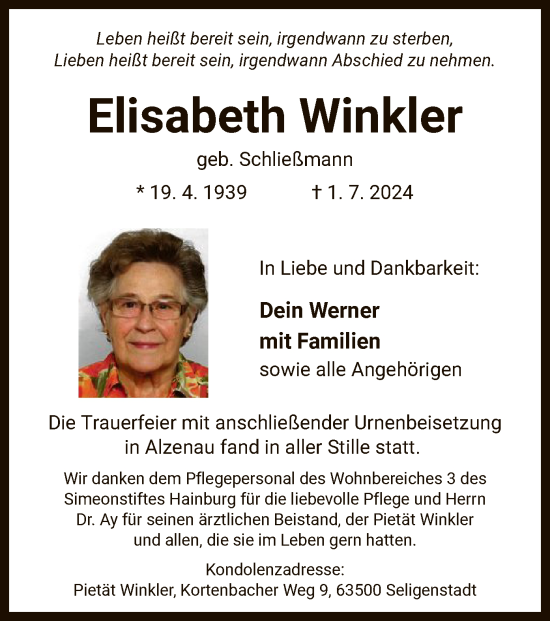 Todesanzeige von Elisabeth Winkler von OF