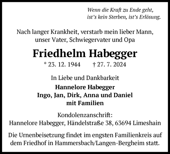 Todesanzeige von Friedhelm Habegger von OF