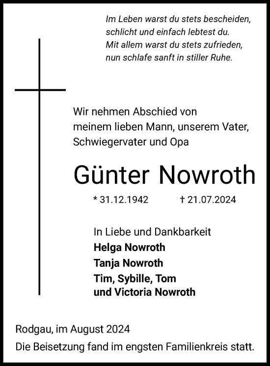 Todesanzeige von Günter Nowroth von OF