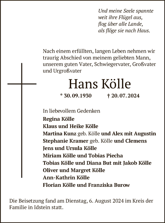 Todesanzeige von Hans Kölle von OF