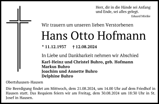 Todesanzeige von Hans Otto Hofmann von OF