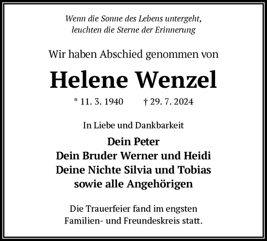 Todesanzeige von Helene Wenzel von OF