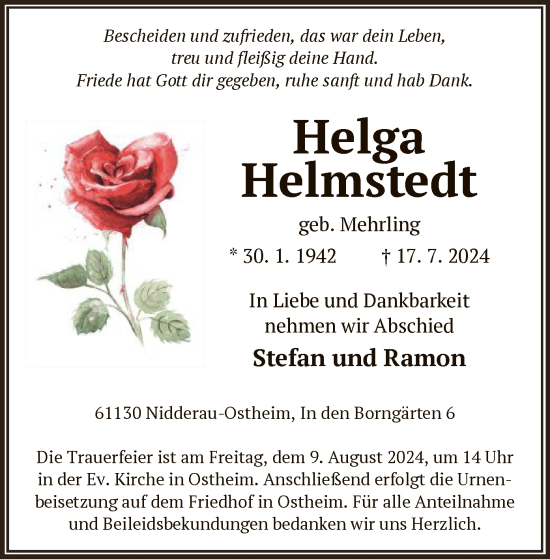 Todesanzeige von Helga Helmstedt von OF