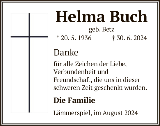 Todesanzeige von Helma Buch von OF