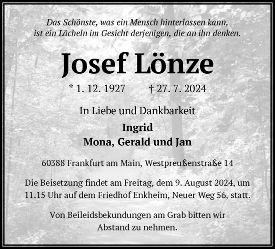 Todesanzeige von Josef Lönze von OF