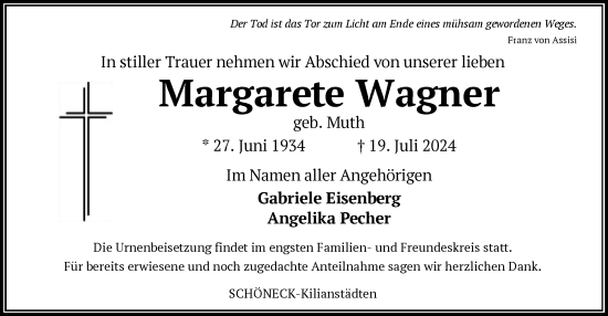 Todesanzeige von Margarete Wagner von OF