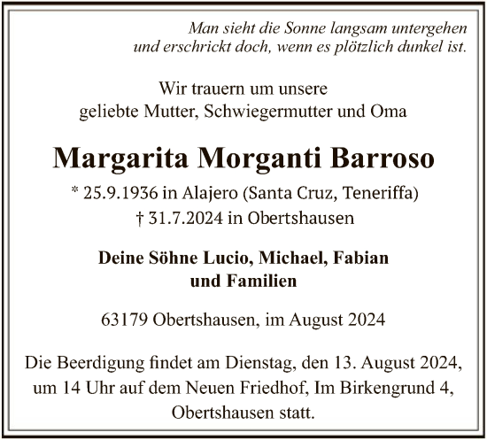 Todesanzeige von Margarita Morganti Barroso von OF