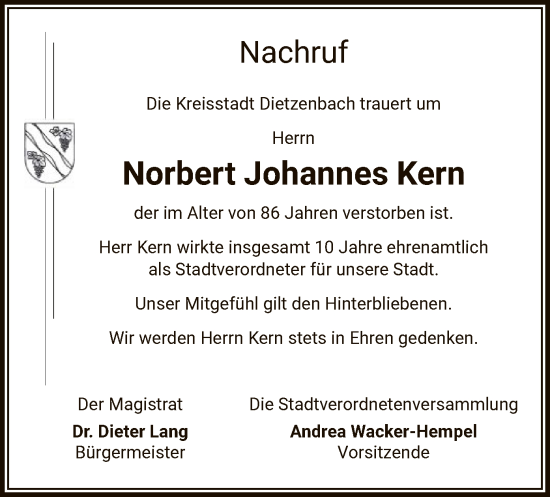 Todesanzeige von Norbert Johannes Kern von OFOF