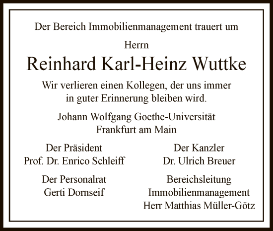 Todesanzeige von Reinhard Karl-Heinz Wuttke von OF