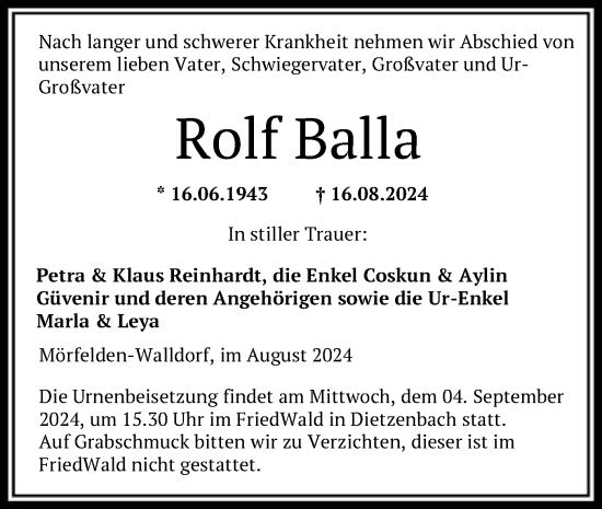 Todesanzeige von Rolf Balla von OF