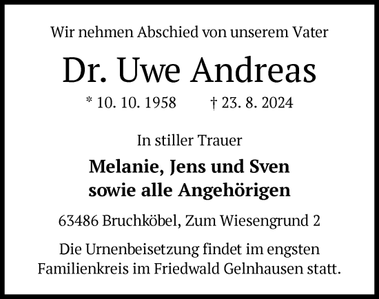 Todesanzeige von Uwe Andreas von OF