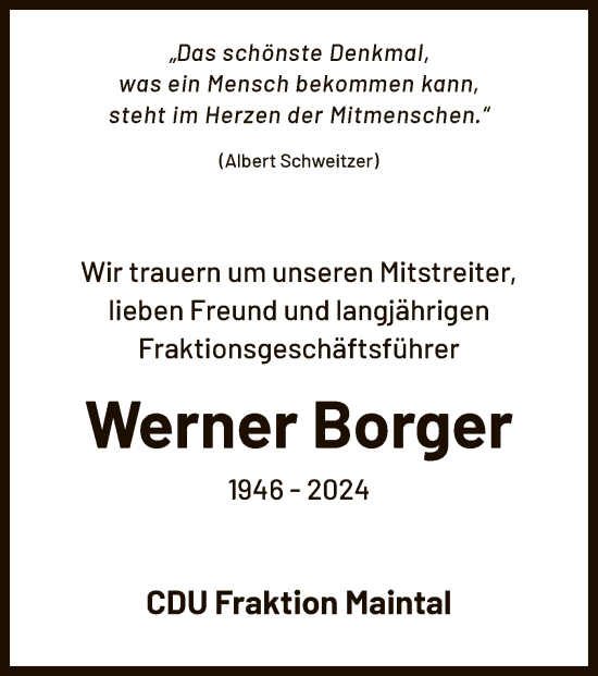 Todesanzeige von Werner Borger von OF