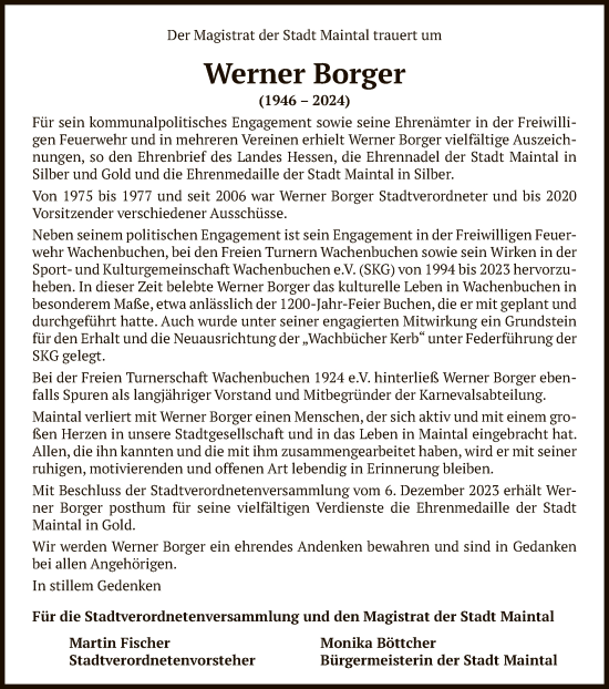 Todesanzeige von Werner Borger von OF