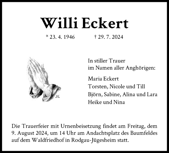 Todesanzeige von Willi Eckert von OF