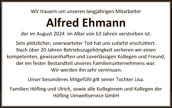 Todesanzeige von Alfred Ehmann von OF