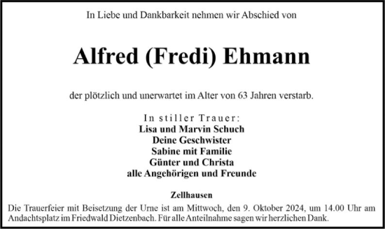 Todesanzeige von Alfred Ehmann von OF