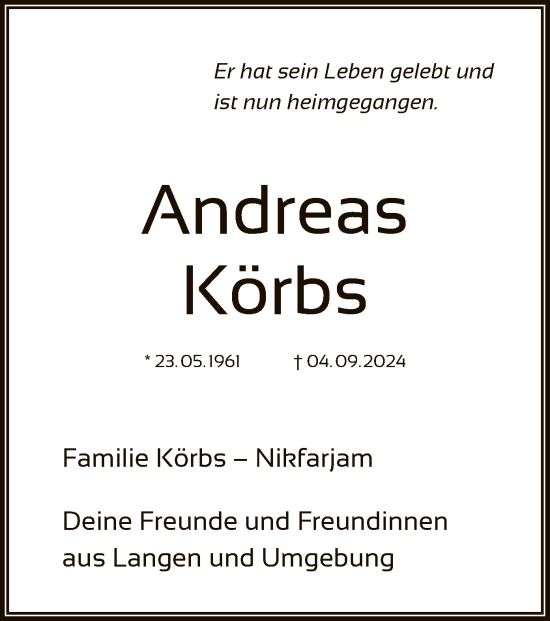 Todesanzeige von Andreas Körbs von OF