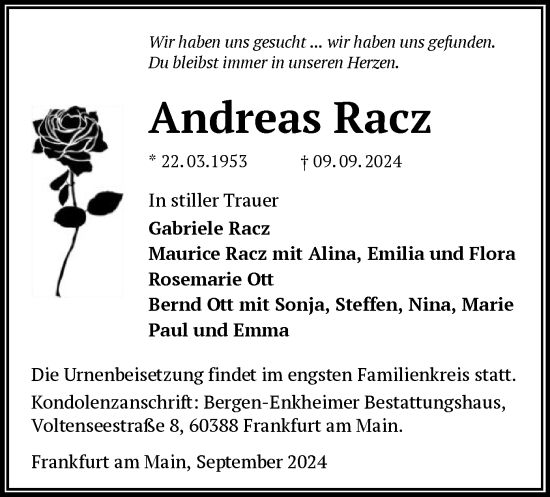 Todesanzeige von Andreas Racz von OF