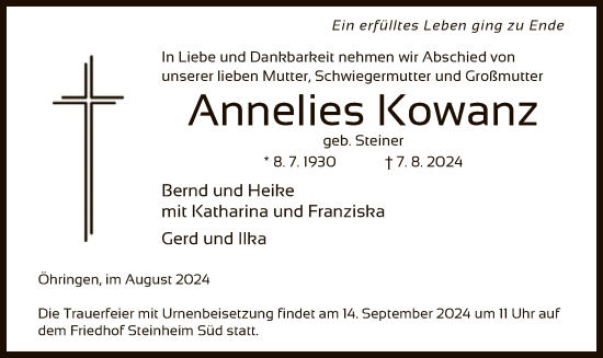 Todesanzeige von Annelies Kowanz von OFOF