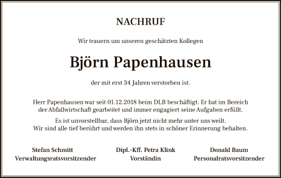 Todesanzeige von Björn Papenhausen von OF