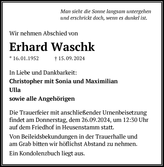 Todesanzeige von Erhard Waschk von OF