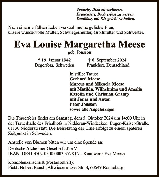 Todesanzeige von Eva Louise Margaretha Meese von OF