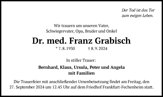Todesanzeige von Franz Grabisch von OF