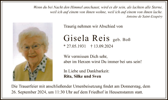 Todesanzeige von Gisela Reis von OF