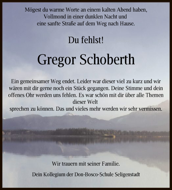Todesanzeige von Gregor Schoberth von OF