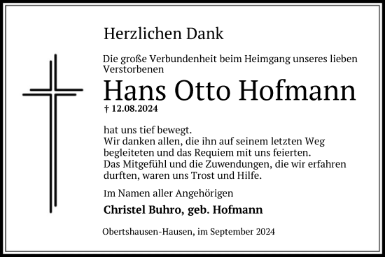 Todesanzeige von Hans Otto Hofmann von OF
