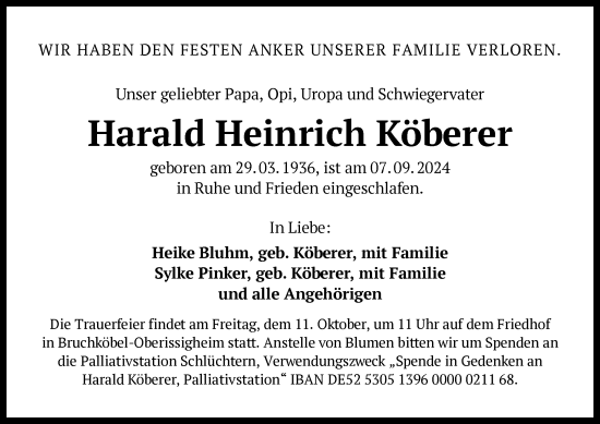 Todesanzeige von Harald Heinrich Köberer von OF