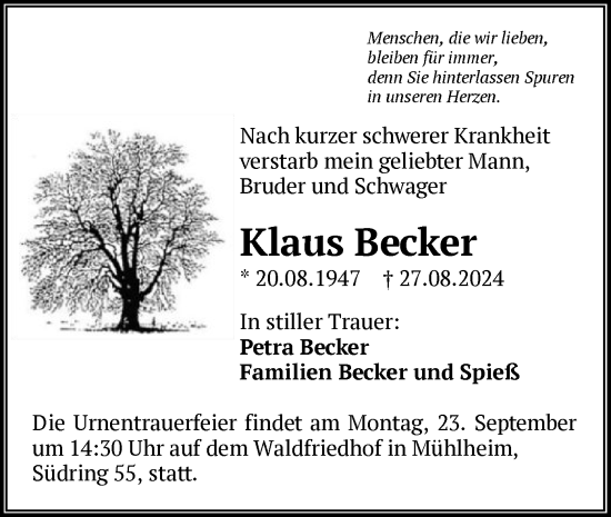 Todesanzeige von Klaus Becker von OF