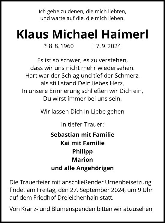 Todesanzeige von Klaus Michael Haimerl von OF