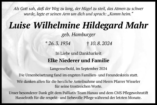 Todesanzeige von Luise Wilhelmine Hildegard Mahr von OF