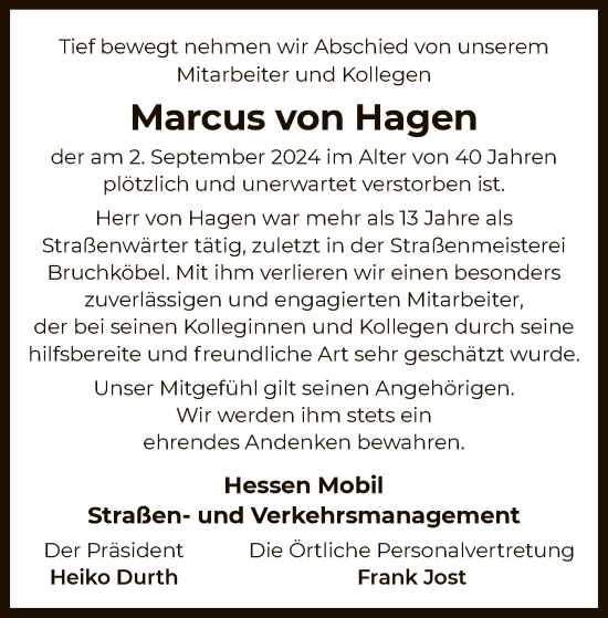 Todesanzeige von Marcus von Hagen von OF
