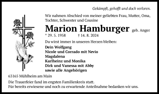 Todesanzeige von Marion Hamburger von OF
