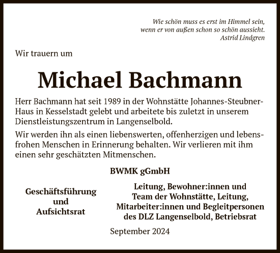 Todesanzeige von Michael Bachmann von OF