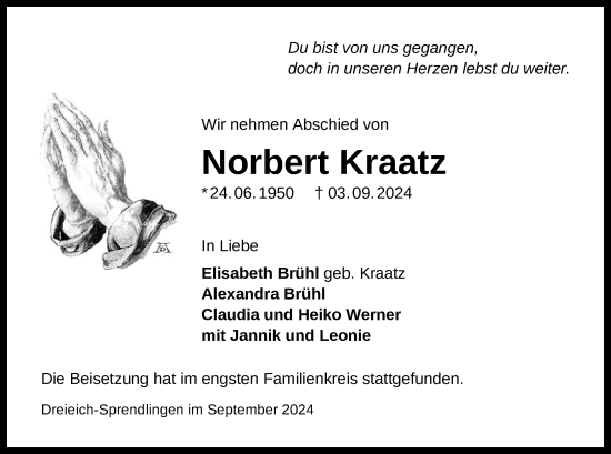 Todesanzeige von Norbert Kraatz von OF