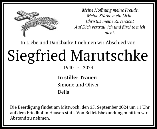 Todesanzeige von Siegfried Marutschke von OF