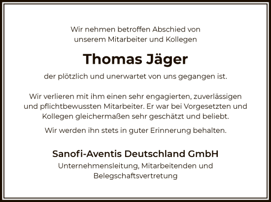 Todesanzeige von Thomas Jäger von OF