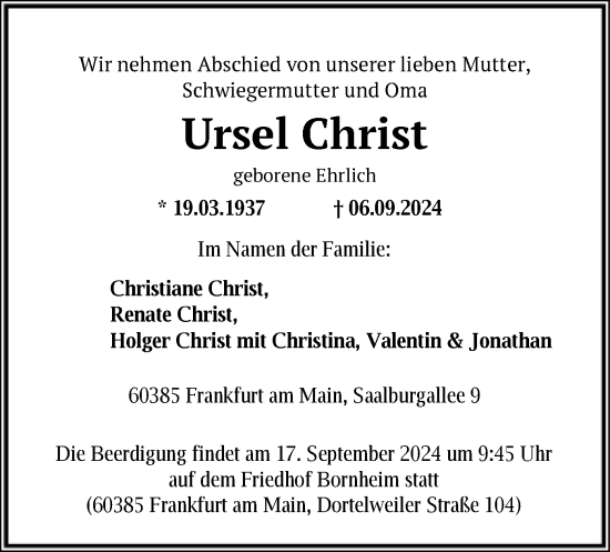 Todesanzeige von Ursel Christ von OF