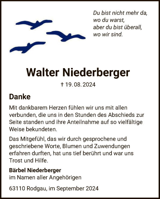 Todesanzeige von Walter Niederberger von OF