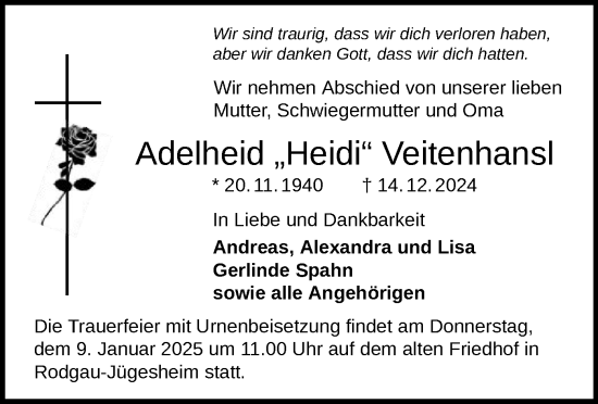 Todesanzeige von Adelheid Veitenhansl von OFOF