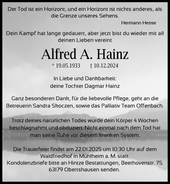 Todesanzeige von Alfred Hainz von OF