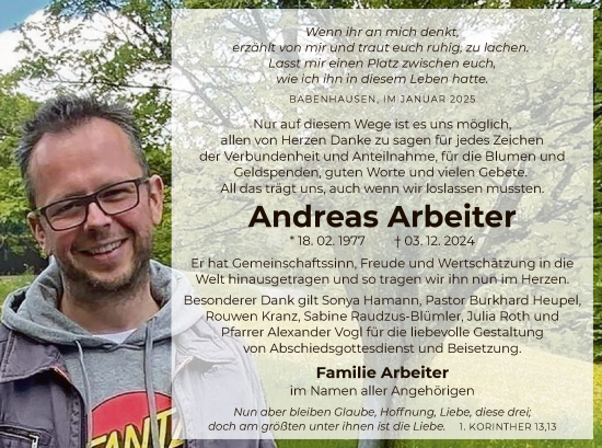 Todesanzeige von Andreas Arbeiter von OF