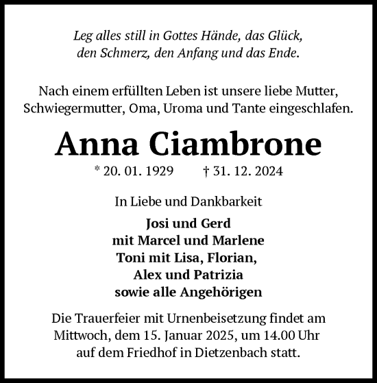 Todesanzeige von Anna Ciambrone von OF