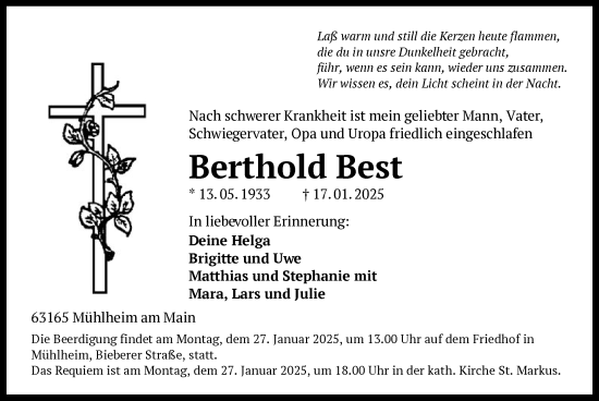 Todesanzeige von Berthold Best von OF