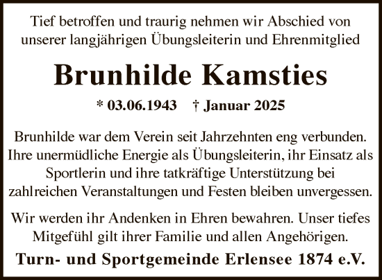 Todesanzeige von Brunhilde Kamsties von OF