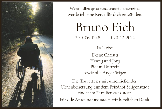 Todesanzeige von Bruno Eich von OF