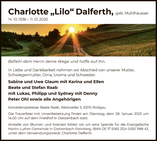 Todesanzeige von Charlotte Dalferth von OF